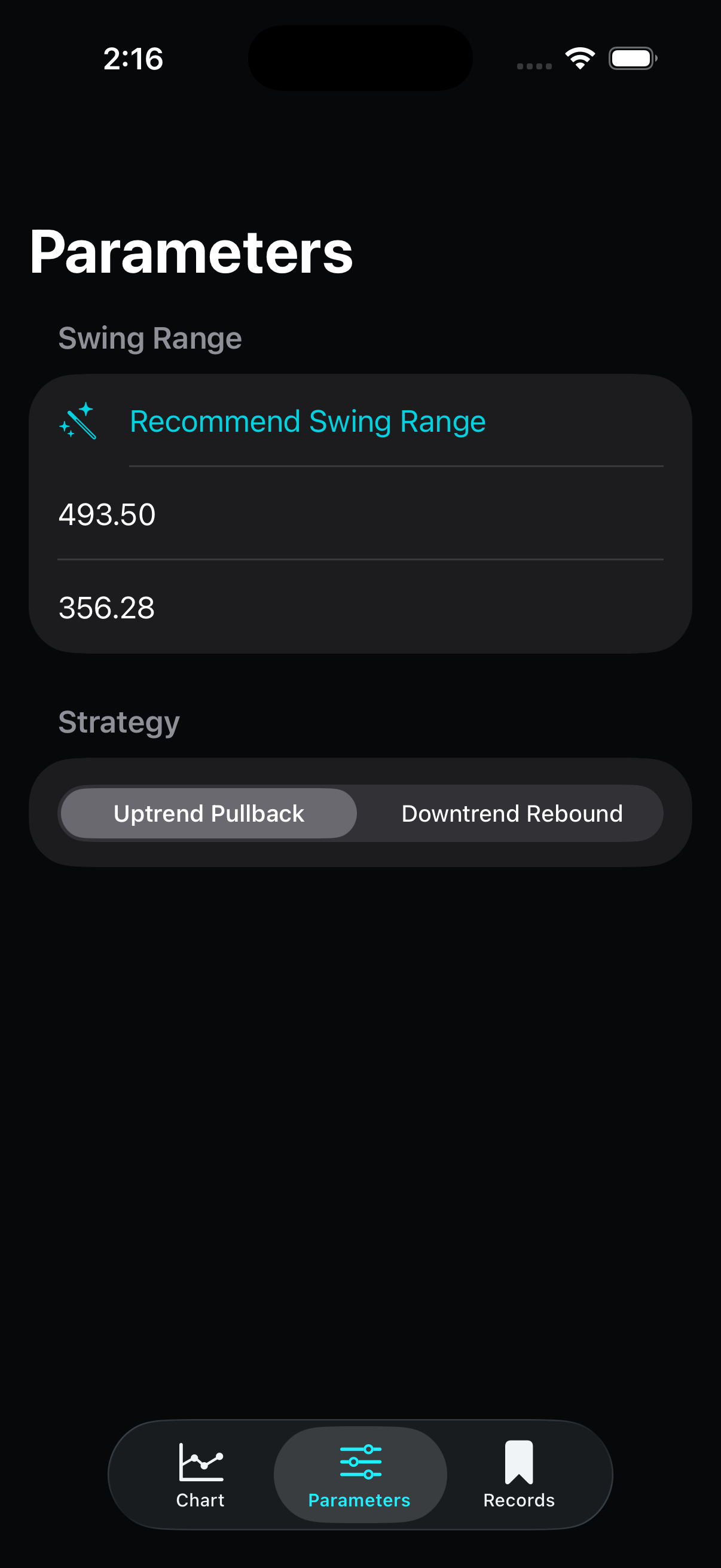 Parameters screen showing the recommended swing range and strategy direction controls.